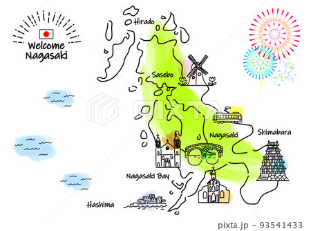 手描きの長崎県の観光地のシンプル線画イラストマップ 93541433