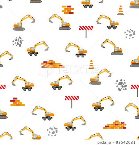 Cute childish seamless pattern with yellow car dump truck, crane, concrete mixer. Construction site illustration in cartoon style Cute childish seamless pattern with yellow car dump truck, crane, concrete mixer. Construction site illustration in cartoon style 93542031