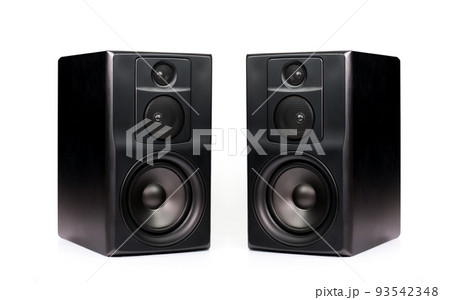 Pair of professional modern audio speakers in black wooden casing isolated on white background Pair of professional modern audio speakers in black wooden casing isolated on white background 93542348