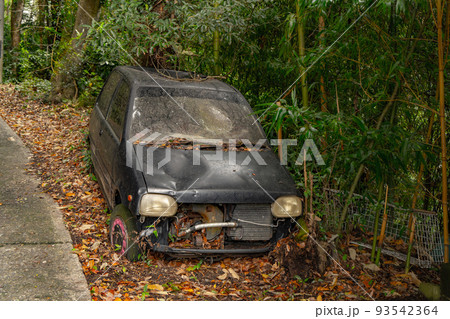 山中の道沿いに放置された軽自動車 山中の道沿いに放置された軽自動車 93542364