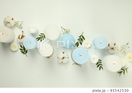Concept of relaxation with aroma candles, top view Concept of relaxation with aroma candles, top view 93542530