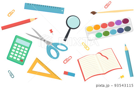 Flat design of school supplies. Calculator, magnifier, eraser, pens, brush, scissors, ruler, notebook, backpack, globe, watercolor. Flat design of school supplies. Calculator, magnifier, eraser, pens, brush, scissors, ruler, notebook, backpack, globe, watercolor. 93543115