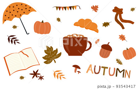 Autumn icons set: falling leaves, pumpkins, cup of coffee, book and other. Fall season elements perfect for scrapbook, card, poster, invitation, sticker kit. vector illustration Autumn icons set: falling leaves, pumpkins, cup of coffee, book and other. Fall season elements perfect for scrapbook, card, poster, invitation, sticker kit. vector illustration 93543417