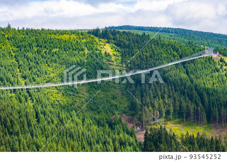 Sky Bridge 721 is the longest suspension bridge between two hills in the forest, Dolni Morava, Czech Republic . One way footbridge in touristic place in the forest in summer.  93545252