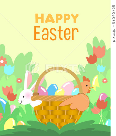 Easter bunny and chicken holding wicker basket of eggs Easter bunny and chicken holding wicker basket of eggs 93545759