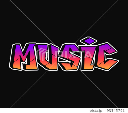 Music word trippy psychedelic graffiti style letters.Vector hand drawn doodle cartoon logo illustration.Funny cool trippy letters, fashion, graffiti style print for t-shirt, poster concept 93545791