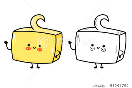 Funny cute happy butter characters bundle set. Vector hand drawn cartoon kawaii character illustration icon. Cute butter. Outline cartoon illustration for coloring book 93545792