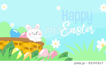 Easter bunny and eggs in a wicker basket in grass Easter bunny and eggs in a wicker basket in grass 93545817