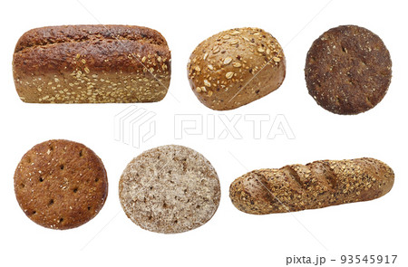 Assortment of cereal baked goods isolated on white Assortment of cereal baked goods isolated on white 93545917