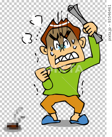 一個顫抖的人遇到一隻邪惡的害蟲並舉起一張捲起來的報紙，上面有害蟲部分馬賽克 93546461