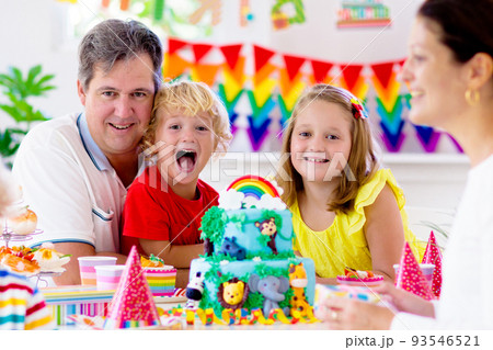 Child birthday party cake. Family with kids. 93546521