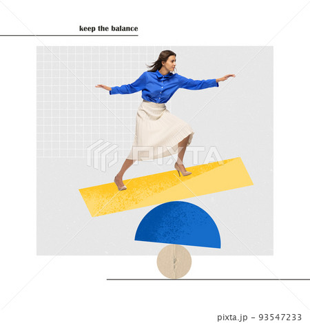 Contemporary art collage. Ambitious young woman, office manager balancing on board, keeping control 93547233