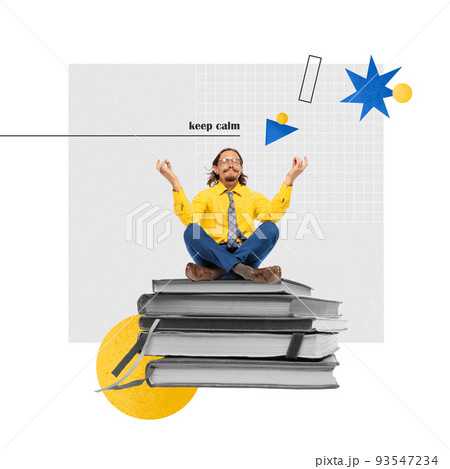 Contemporary art collage. Stylish businessman sitting on books and meditating. Growing professional knowledges 93547234