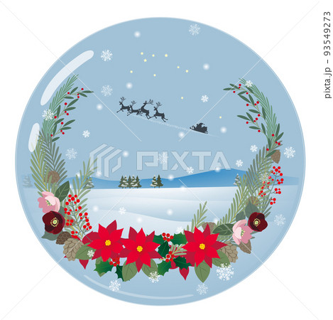 クリスマスリースと雪景色のオーナメントイラスト 93549273