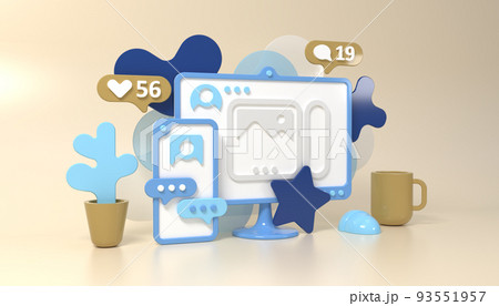 Social media 3d style concept illustration with smartphone, computer, cup and flower. Social networks people communication. Like, comment and follow icons. 93551957