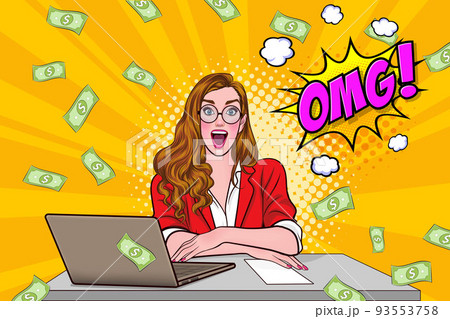 surprise business woman successful and shocking with Falling Money say WOW OMG Pop art retro comic style surprise business woman successful and shocking with Falling Money say WOW OMG Pop art retro comic style 93553758