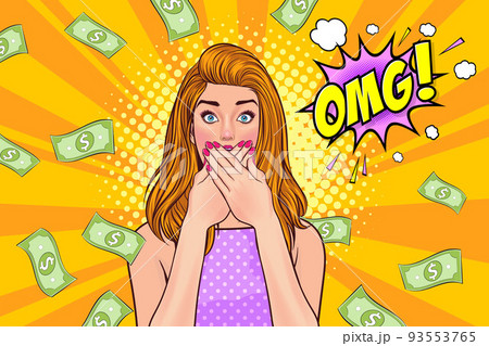 surprise business woman successful and shocking with Falling Money say WOW OMG Pop art retro comic style 93553765