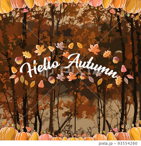 vector hello autumn banner or label with text and falling autumn leaves isolated on autumn forest background. Cartoon hello autumn poster and banner design template with falling leaves vector hello autumn banner or label with text and falling autumn leaves isolated on autumn forest background. Cartoon hello autumn poster and banner design template with falling leaves 93554260