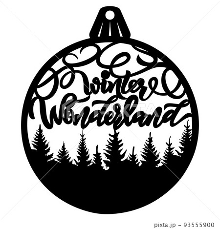 Laser cut Christmas ornament design. Winter wonderland with silhouette of spruce. 93555900