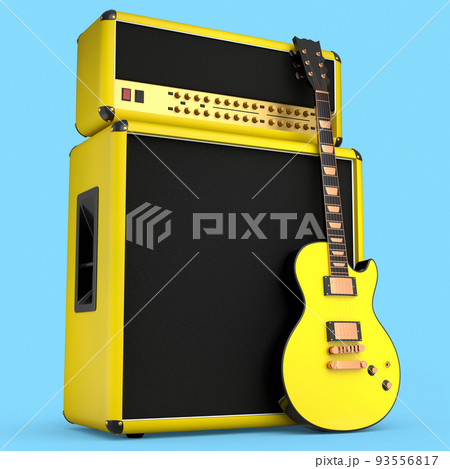 Classical amplifier with acoustic guitar isolated on blue background. 93556817