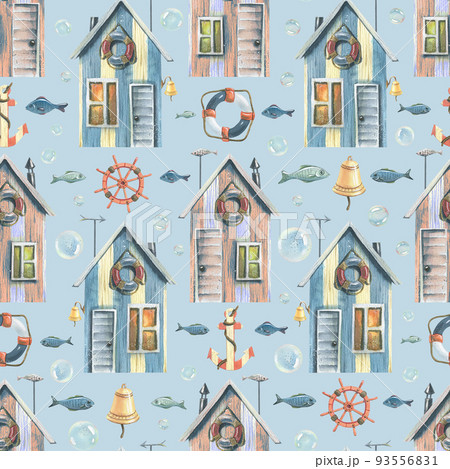 Fishing, sea houses with anchors, steering wheels, fish and bubbles. Watercolor illustration. Seamless, childish pattern on a blue background. For decoration and design of wallpaper, fabric, textiles. Fishing, sea houses with anchors, steering wheels, fish and bubbles. Watercolor illustration. Seamless, childish pattern on a blue background. For decoration and design of wallpaper, fabric, textiles. 93556831