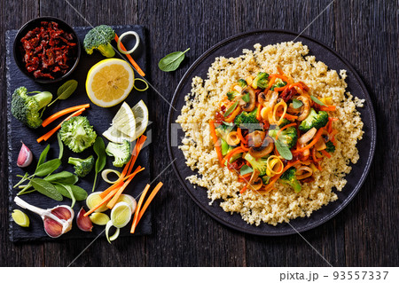 quinoa with fried veggies, mushrooms on plate quinoa with fried veggies, mushrooms on plate 93557337