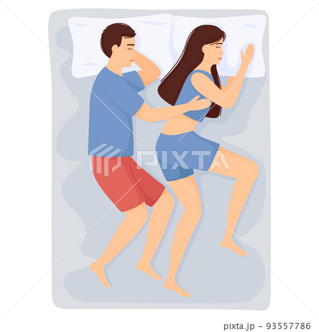 Woman and man sleeping together on side. Couple in pajamas sleep on bed. Top view. Vector illustration 93557786
