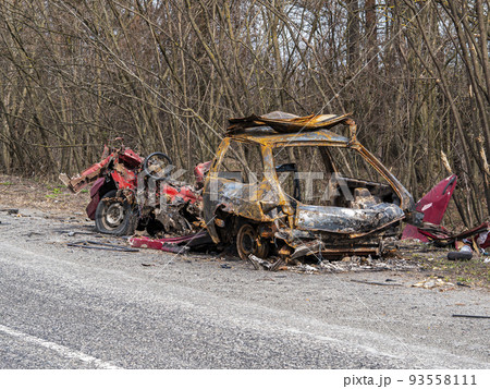 Road traffic accident of a car with fire. Road traffic accident of a car with fire. 93558111
