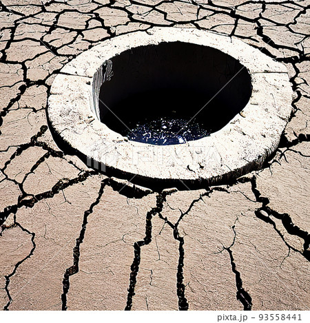 Concrete well with water in cracked earth. AI generated image. Not based on any actual scene 93558441