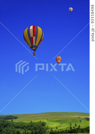 青空を背景にした地平線の見える草原と熱気球 93558498