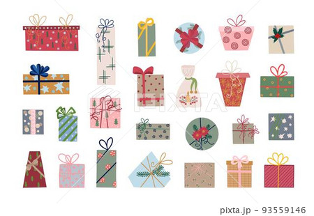 Christmas gift boxes set with ribbons and bows vector illustration, Merry Christmas and Happy New Year festive traditional winter holiday decor, design element for poster, greeting card, sticker 93559146