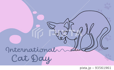 International Cat Day. Line art cat with a medallion on a colored background. Funny art with a pet. Holiday concept. Vector illustration. 93561961