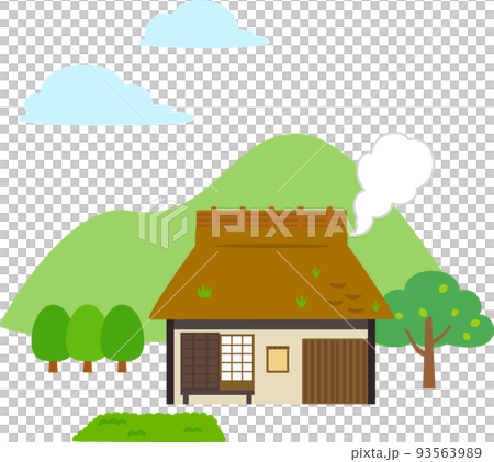 排煙している茅葺屋根の家と山の風景 排煙している茅葺屋根の家と山の風景 93563989