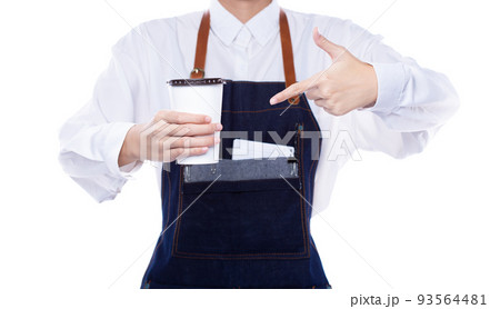 Waitress hold menu coffee cup order to service customer client in shop restaurant with smile. Employee staff wear apron to serve as entrepreneur owner for small business, copy space white background Waitress hold menu coffee cup order to service customer client in shop restaurant with smile. Employee staff wear apron to serve as entrepreneur owner for small business, copy space white background 93564481