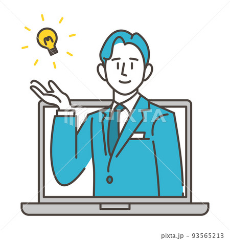 パソコンから飛び出す笑顔の男性ビジネスパーソン【オンライン相談の概念】 93565213