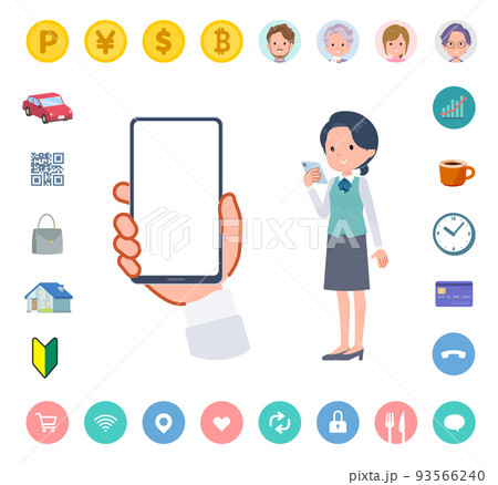 スマートフォンの画面を見る事務員女性のセット 93566240