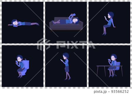 A set of clerk women who use smartphones in the dark A set of clerk women who use smartphones in the dark 93566252