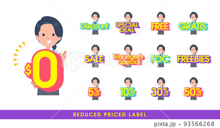 お得な表記を持つ事務員女性のセット。英語。編集が容易なベクターアートです。 93566268