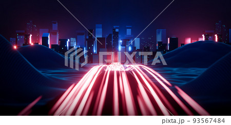 3d rendering night cityscape with light trail and wireframe hill. Abstract technology background illustration. 93567484
