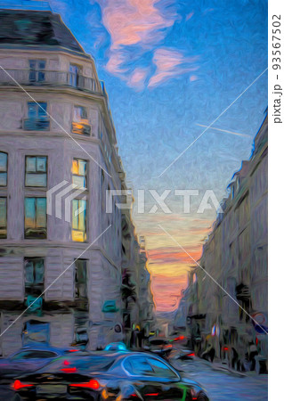 Paris urban street scene at sunset. Painterly look oil and pastels. Vivid blue sky over Haussmann building architecture. Busy evening street scene with traffic. High quality illustration 93567502