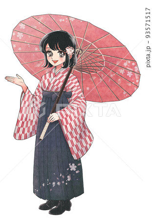 大正ロマン少女まんが 和傘を持ったハイカラな女学生のイラスト素材