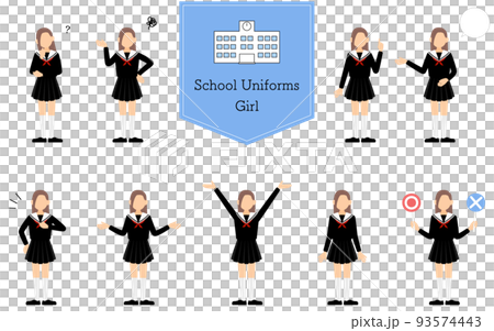 セーラー服を着た女子生徒のポーズセット、疑問・困る・指さし・話すetc 93574443