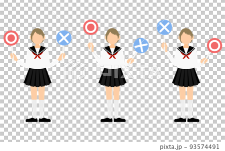 A set of girls in white sailor suits who answer questions with a Marubatsu stick 93574491