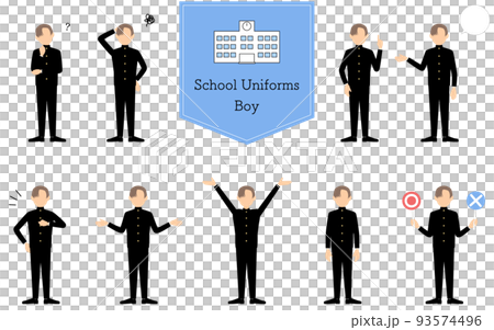 一個穿著校服、提問、尷尬、指點、說話等的男學生的姿勢集。 一個穿著校服、提問、尷尬、指點、說話等的男學生的姿勢集。 93574496