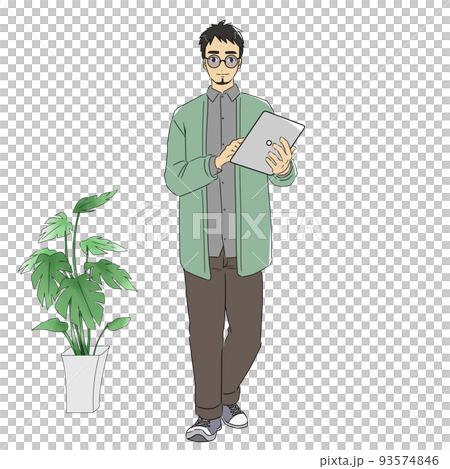 一個微笑著操作平板電腦的男人有觀葉植物 一個微笑著操作平板電腦的男人有觀葉植物 93574846