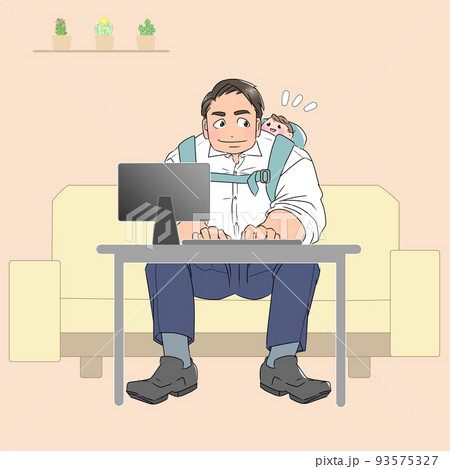 育児をしながら笑顔でパソコンを操作する男性 ソファーとサボテン 背景オレンジ 育児をしながら笑顔でパソコンを操作する男性 ソファーとサボテン 背景オレンジ 93575327