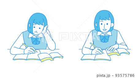 勉強する女子高校生のビフォーアフター イメージイラスト - 長袖・ベスト・制服 93575786