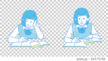 勉強する女子高校生のビフォーアフター イメージイラスト - 長袖・ベスト・制服 93575786