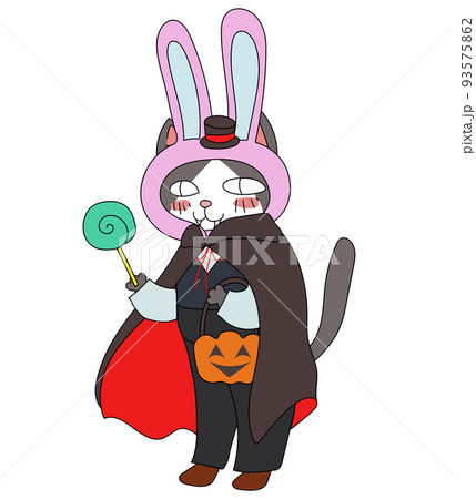 ハロウィンでドラキュラのコスプレをしたウサギ推しのネコ 93575862