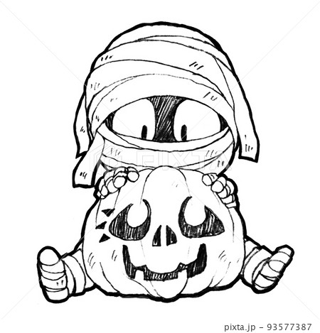 カボチャを持つミイラの男の子のハロウィーン用イラストのモノクロ線画 93577387